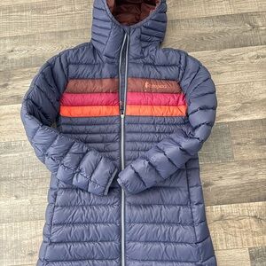 NWOT Cotopaxi Women's Fuego Long Puffer Jacket with Red and Brown XS